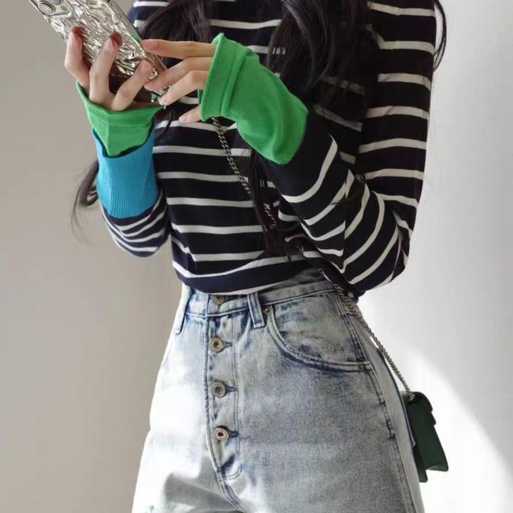 复古条纹吸晴腔调感长袖上衣158