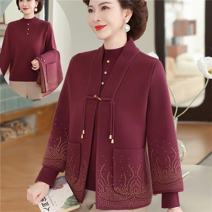 妈妈秋装国风毛衣针织开衫外套中老年女装喜婆婆婚宴上衣两件套装