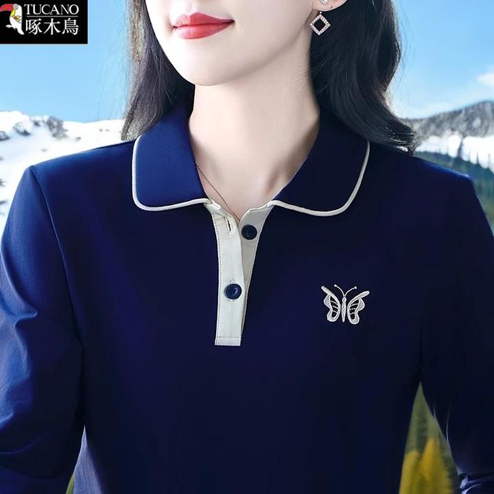 啄木鸟2025年新款刺绣上衣减龄女士春秋长袖翻领撞色大码显瘦T恤