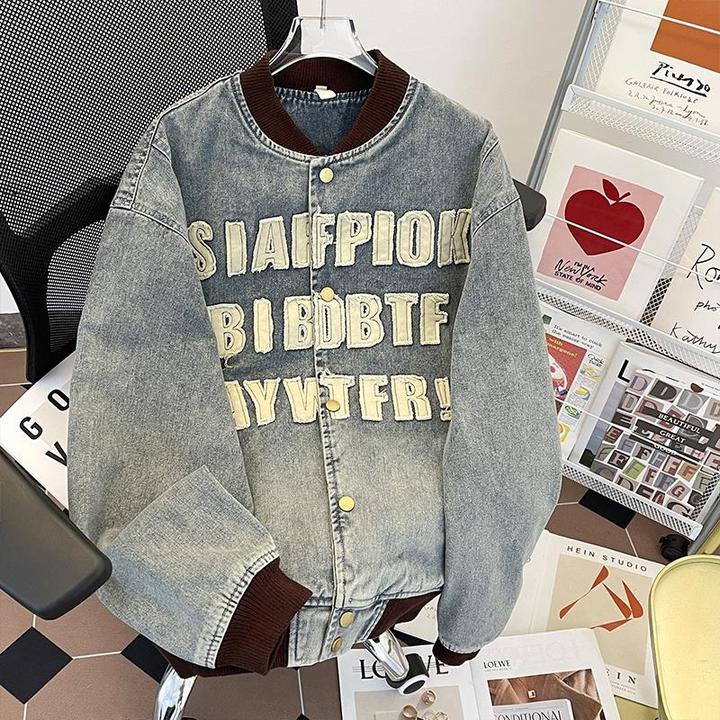 【TQUX港奢男装】美式情侣棒球服牛仔外套男2025新款重工水洗字母