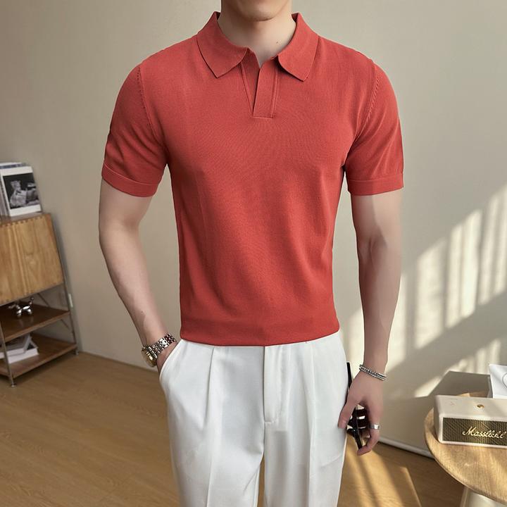 2025男士纯色针织POLO衫夏季薄款冰丝透气修身短袖新款圆领T恤