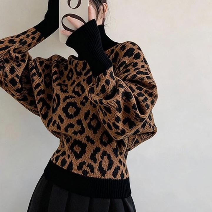 港风时髦复古豹纹高领拼接泡泡袖收腰显瘦慵懒风毛衣2025冬季新款