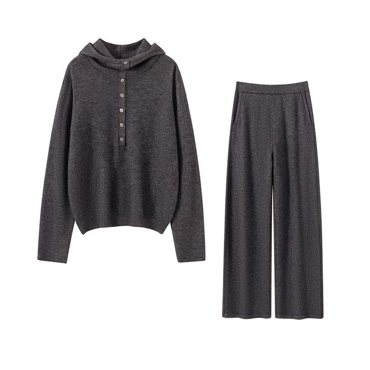 山羊绒衫连帽休闲半开襟宽松上衣套装+外穿羊绒阔腿裤两件套8151