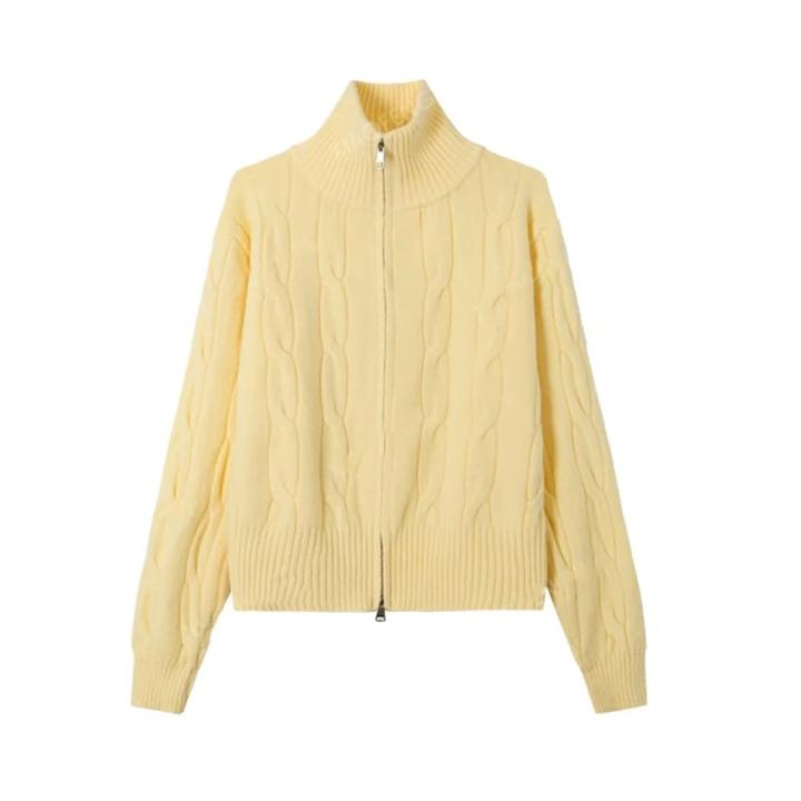 5079秋冬纯色高领开衫毛衣女针织短款麻花加厚外套