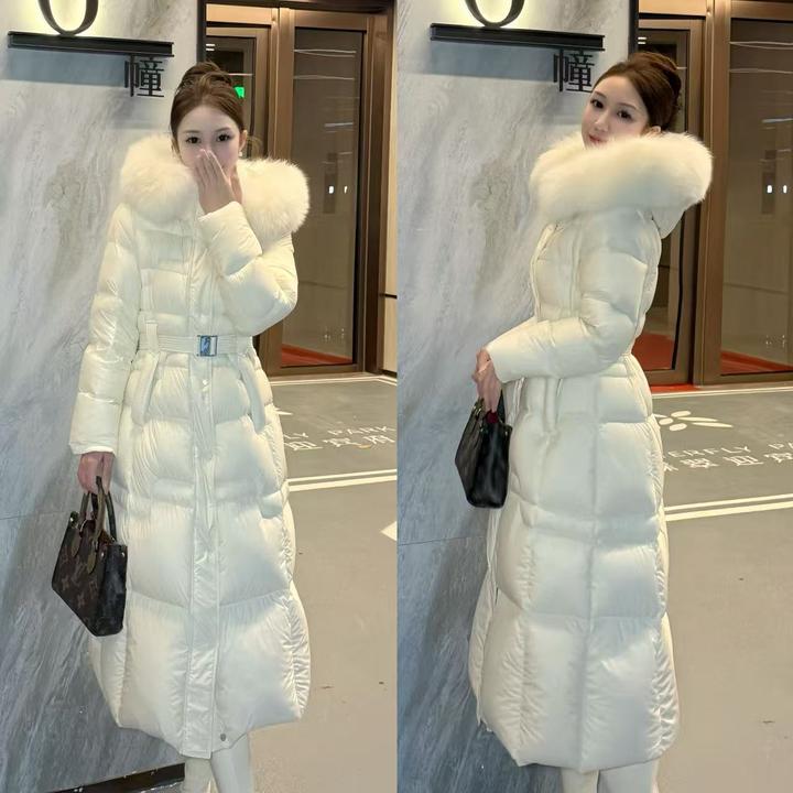【首尔高定】韩系冬季超轻超保暖鹅绒毛领连帽收腰腰带长版羽绒服