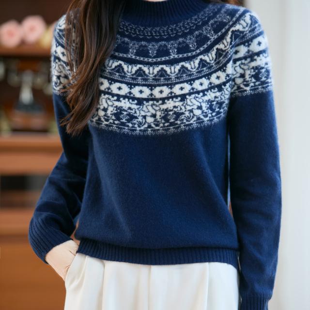 无缝一体费尔岛提花羊毛衫女半高领2025秋冬新套头毛衣针织打底衫