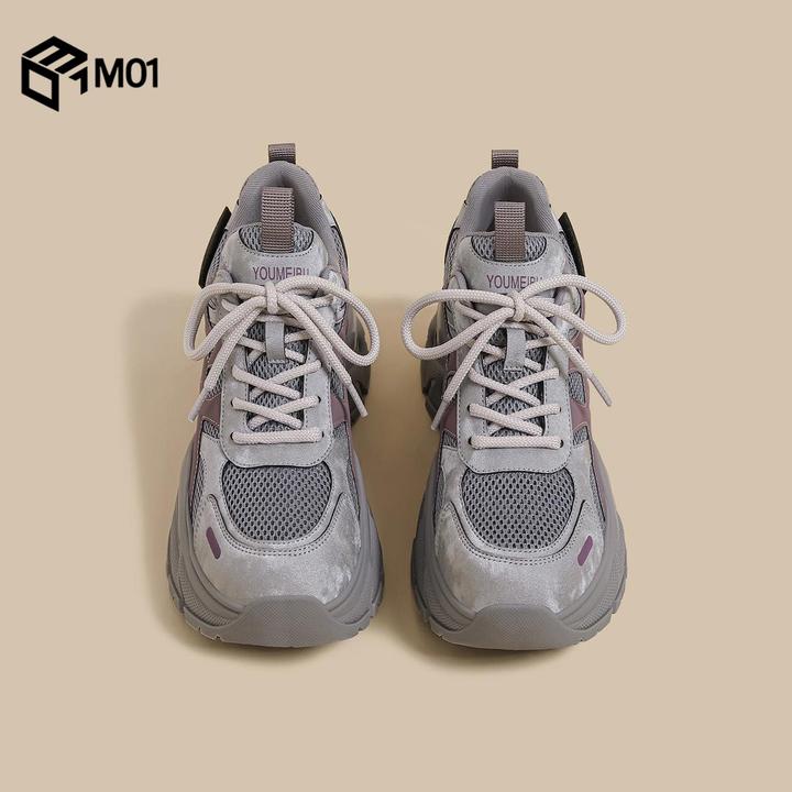 M01秋季新款厚底老爹鞋女灰色重工港风复古休闲鞋运动透气慢跑鞋