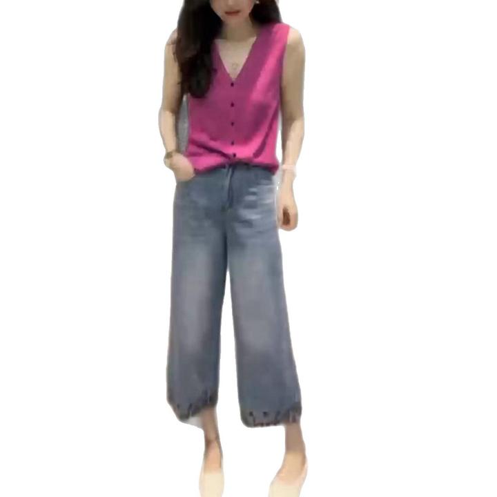 25703新2025夏季新款单排扣V领无袖马甲直筒牛仔裤显瘦