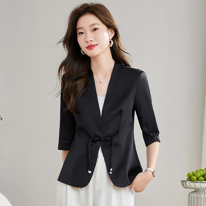 黑色醋酸缎面西装外套女夏季薄款2024新款新中式国风上衣夏小西服