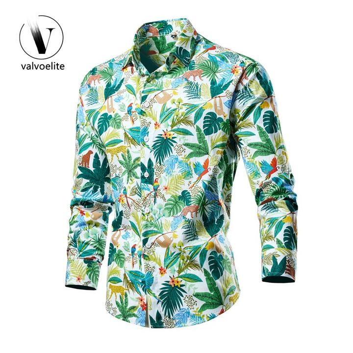 VALVOELITE秋季碎花长袖衬衫旅游度假痞帅发型师花纹衬衣大码男