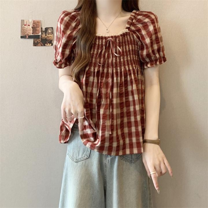 短袖衬衫女2025夏季新款爆款法式复古格子方领显瘦遮肚娃娃衫上衣