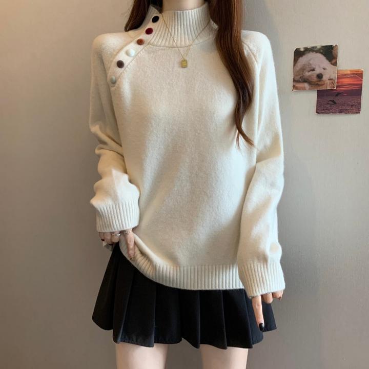 大码胖秋冬新款彩色设计感排扣中领插肩袖套头毛衣显瘦百搭上衣