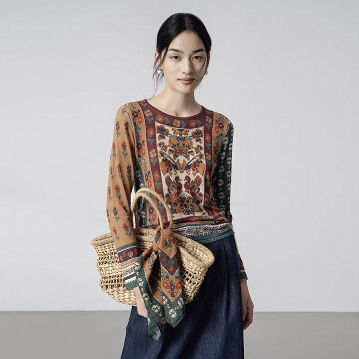 生活在左秋色100%绵羊毛上衣毛织印花修身显瘦气质针织衫1953040