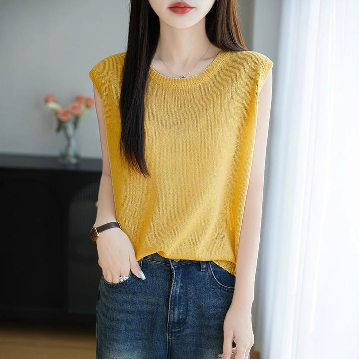 和纸纱针织背心新款2025夏季外穿纯色套头垂感圆领女式无袖针织衫