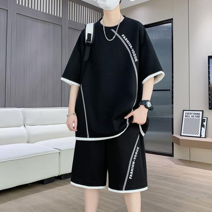 冰丝短袖套装男夏季五分袖t恤宽松加肥加大码休闲运动一整套衣服