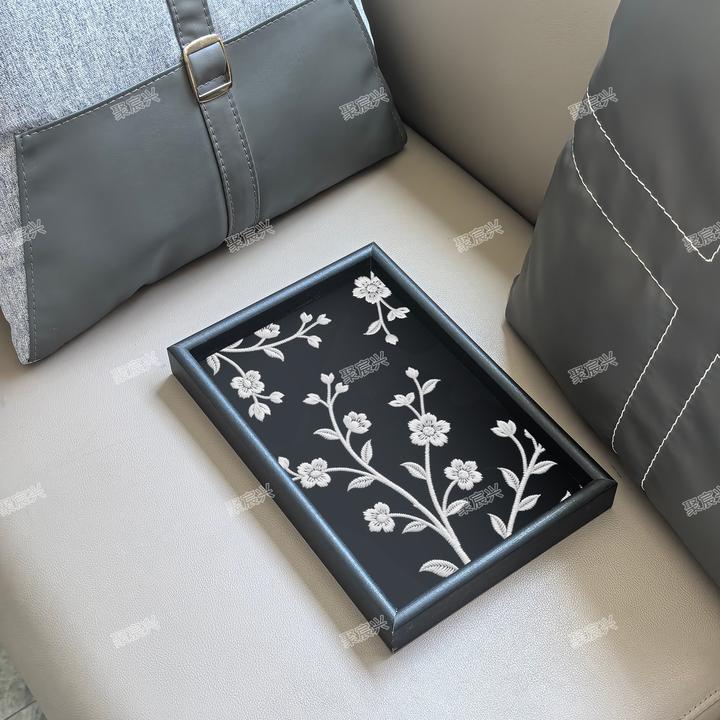 新款木质法式白色小花皮革托盘置物盘小物件收纳盘客厅桌面托盘
