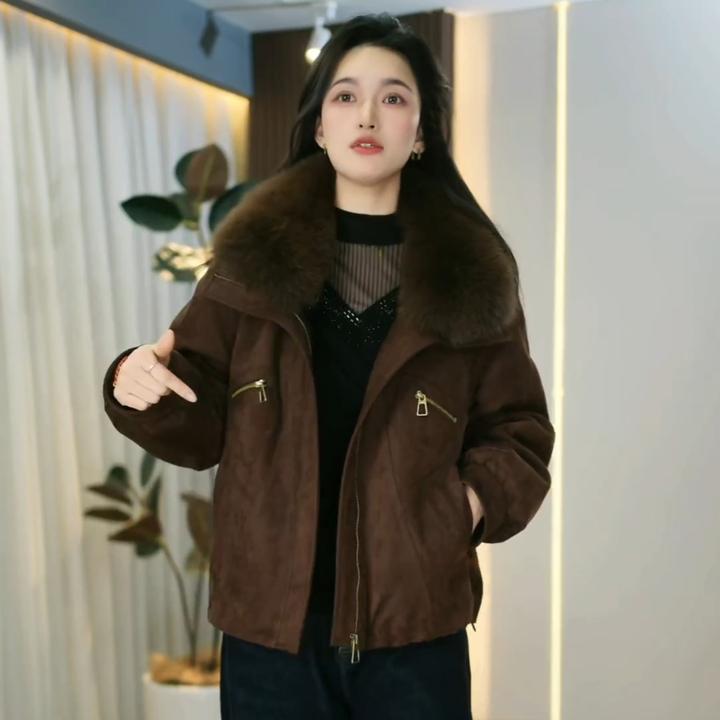 复古机车风大毛领麂皮绒短款羽绒服女保暖鹅绒外套2025年冬季新款