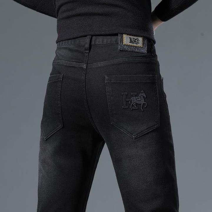 欧货高端轻奢黑色骏马刺绣弹力牛仔裤男秋冬修身小脚潮牌休闲长裤