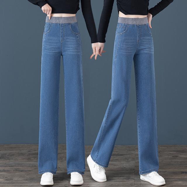 松紧腰直筒牛仔裤女大码宽松小个子拖地裤春季2025新款窄版阔腿裤
