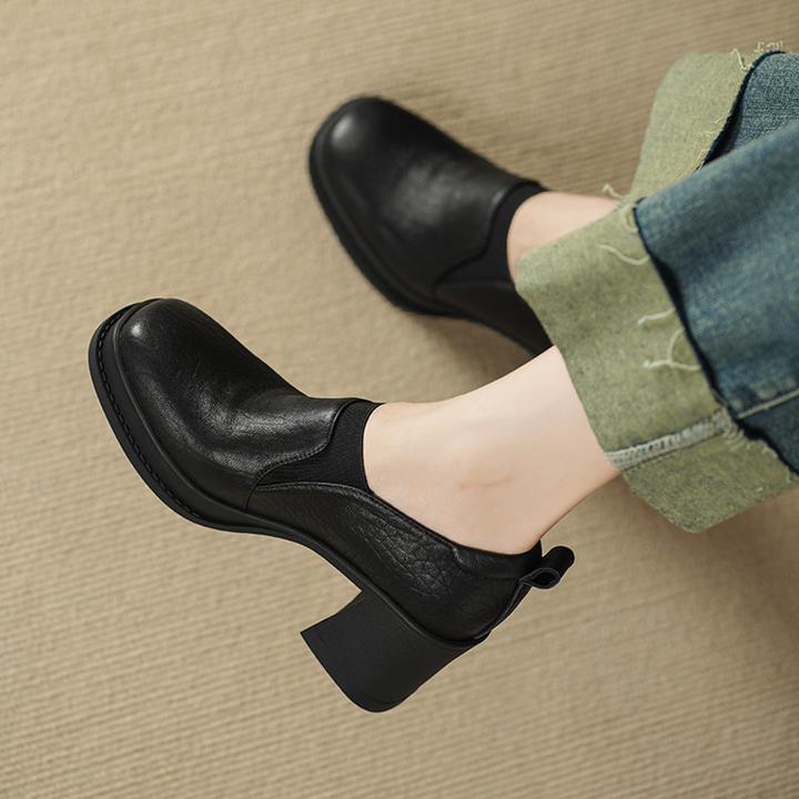 里外纯皮~7cm羊皮单鞋女高跟鞋粗跟厚底深口小皮鞋真皮休闲女鞋子