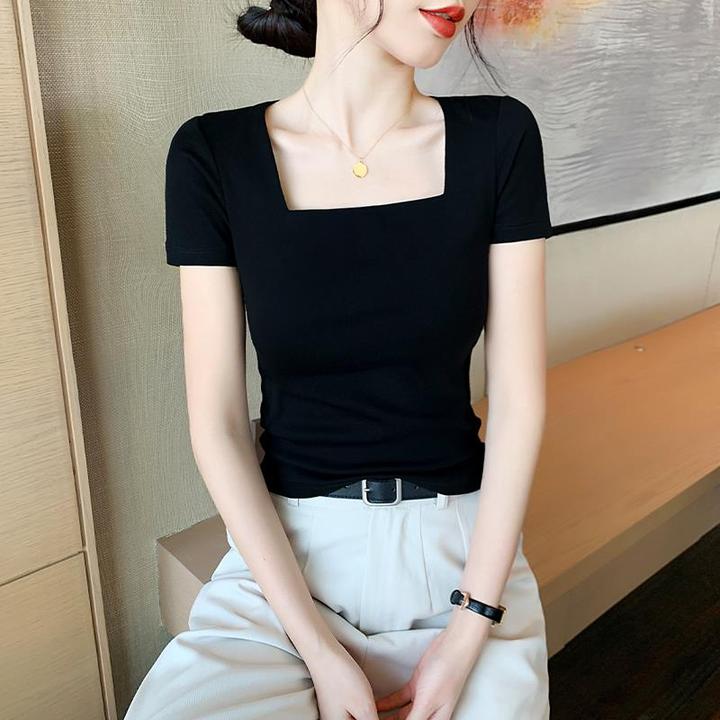 法式方领短袖t恤女2025夏季新款大领口露锁骨半袖体恤修身上衣潮