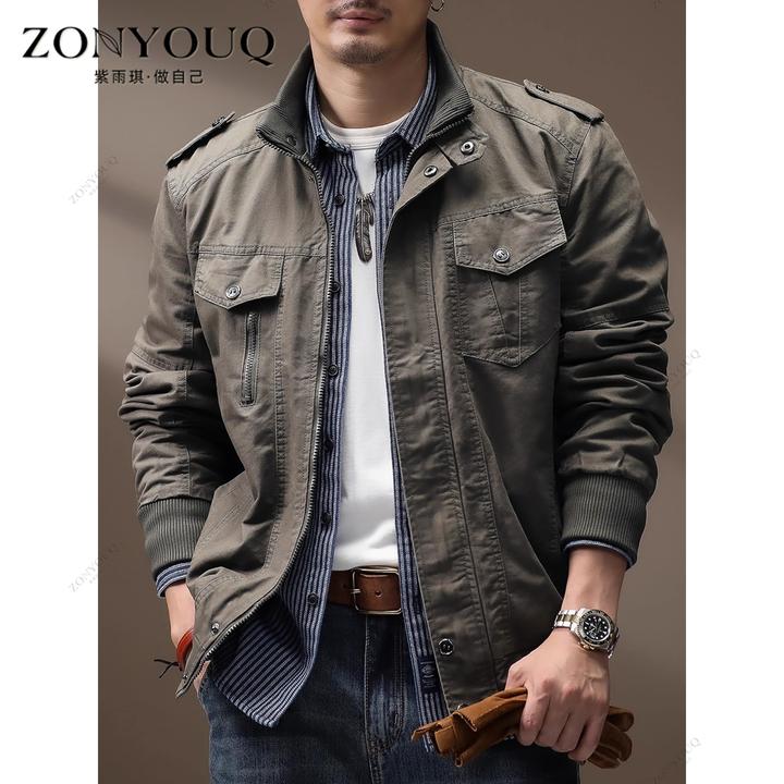ZONYOUQ夹克男士秋季新款美式重磅工装机车潮牌复古休闲硬汉外套