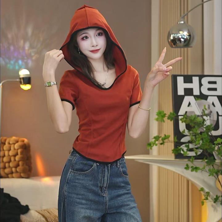韩版百搭撞色拼接连帽短袖T恤女2025夏季独特小众设计感上衣t恤