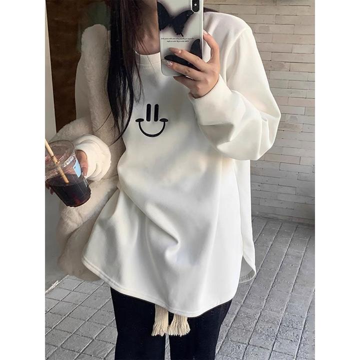 双面德绒中长款T恤弧形下摆保暖上衣白色磨毛加厚打底衫女春秋冬