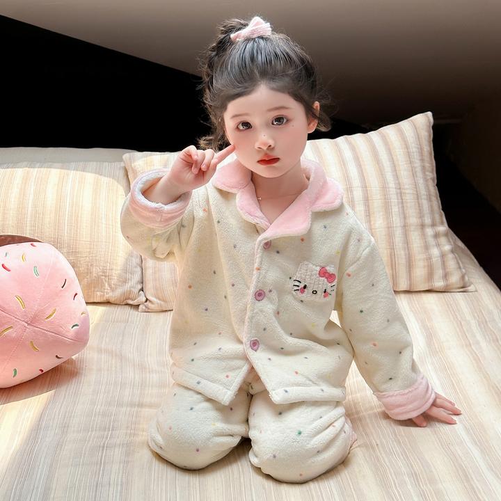 女童kt猫法兰绒睡衣秋冬款2025新款儿童保暖套装宝宝珊瑚绒家居服