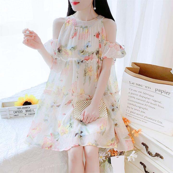 夏日多巴胺小清新色彩肌理感连衣裙女夏季挂脖灯笼袖碎花仙女裙子