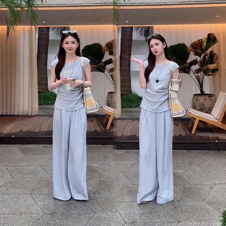 休闲套装女设计感褶皱无袖上衣宽松阔腿裤2025夏季百搭清新两件套