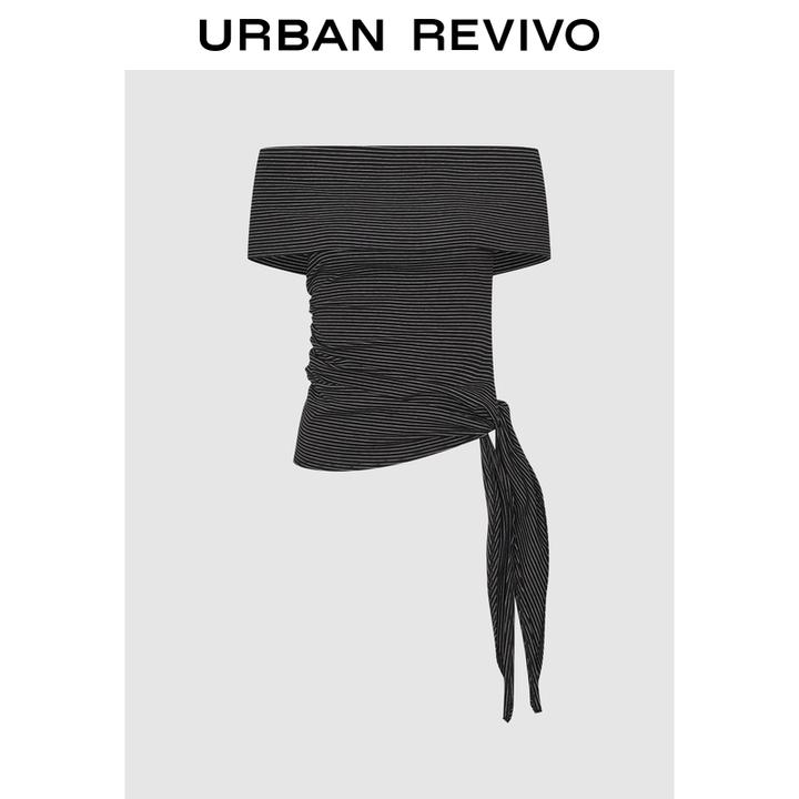 UR2025秋季新款女装休闲撞色条纹绑带一字领T恤UWJ450139