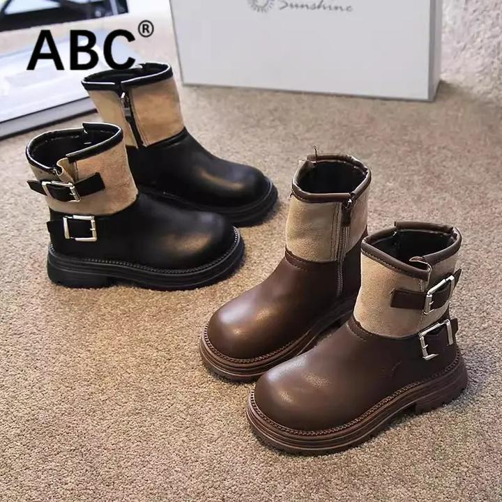 ABC儿童马丁靴英伦风单靴2025冬季新款男童女童加绒保暖中筒皮靴