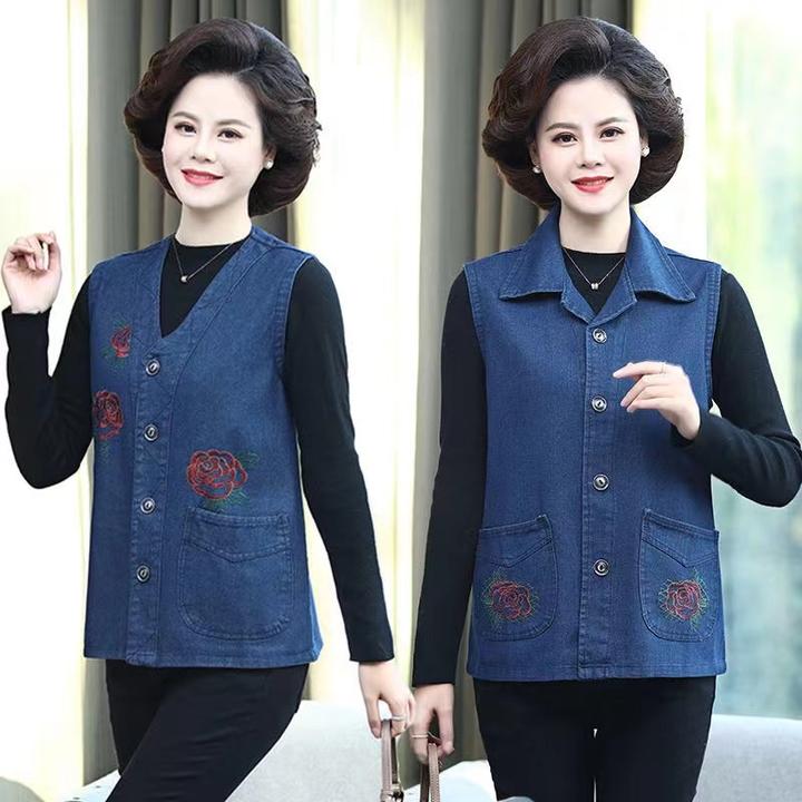 春季薄款牛仔女马甲宽松印染透气女马夹老人秋装牛仔中年马甲春装
