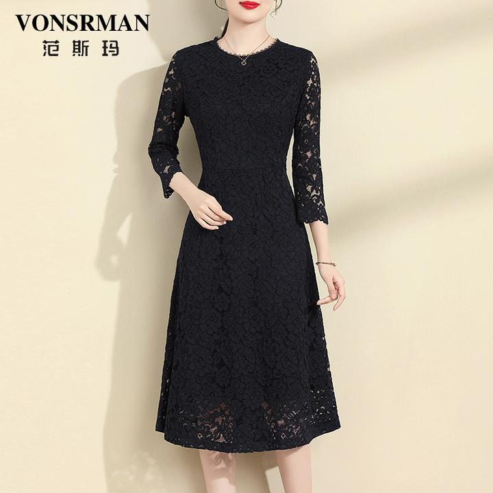 VONSRMAN设计感蕾丝连衣裙女春季2025年时尚修身收腰百搭A字打底