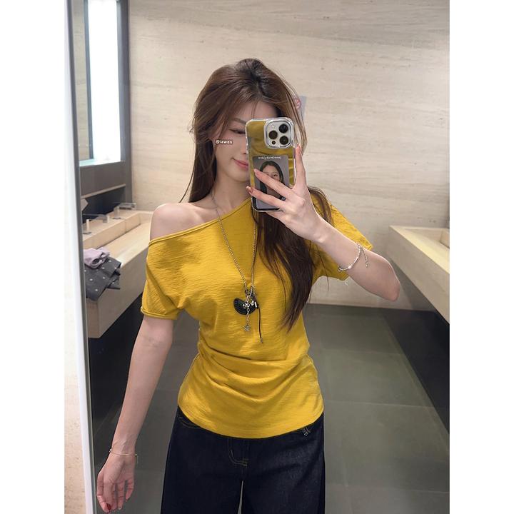 FRVXO三色时尚百搭斜领掐腰显瘦露肩短袖T恤女肌理感上衣小衫