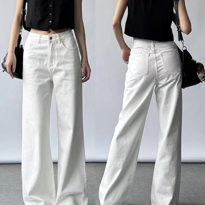 白色窄版阔腿牛仔裤女夏季2025新款高腰宽松垂感拖地小个子直筒裤
