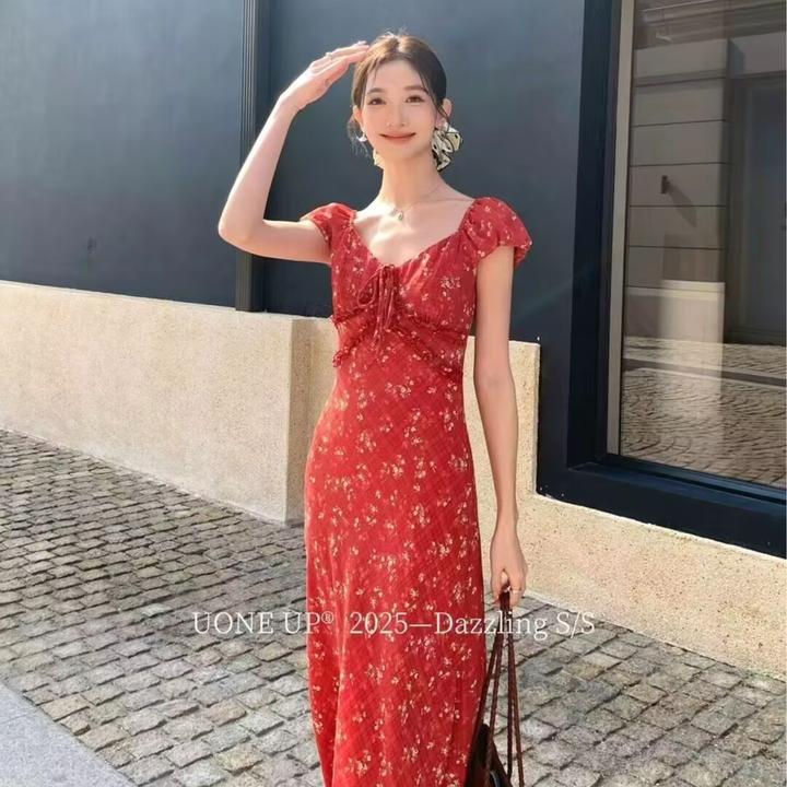 UONEUP新款上新收腰系带法式优雅浪漫木耳边提花短袖小清新连衣裙