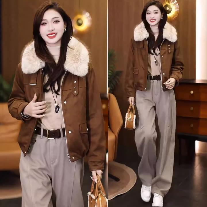 时尚百搭短款派克服棉衣女2025冬季新款显瘦大毛领保暖棉袄外套潮
