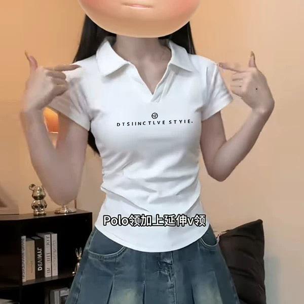运动T恤女正肩百搭韩系白色polo领洋气大码修身显瘦上衣夏季短袖