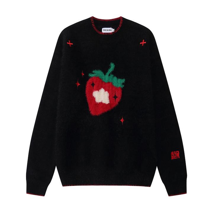 美式休闲卡通可爱草莓提花圆领毛衣韩国潮流女生学生针织衫春款