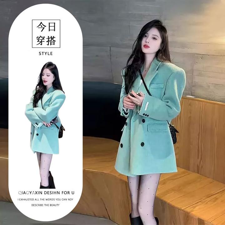 今年流行的爆款绿色加厚西装毛呢外套独特漂亮小个子短款呢子大衣