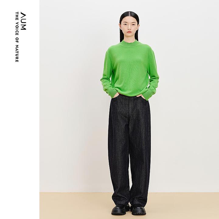 AUM噢姆秋冬时尚绿色针织衫半高领针织套头衫M1EG4SG4M