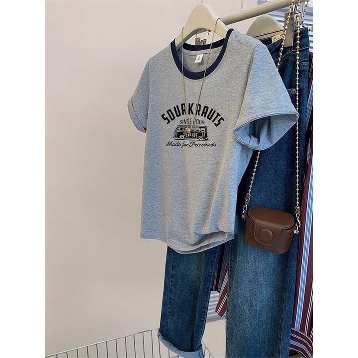 正肩领口拼色小众设计感2025新款圆领短袖t恤女时尚百搭夏季上衣