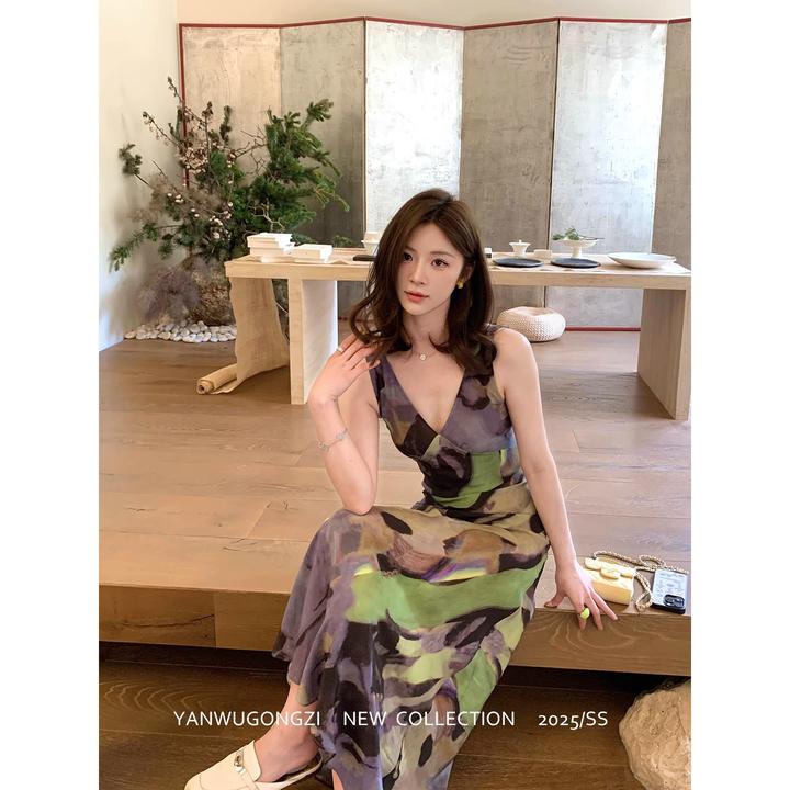 烟雾公子 法式撞色晕染印花双V领吊带裙度假风名媛气质收腰连衣裙