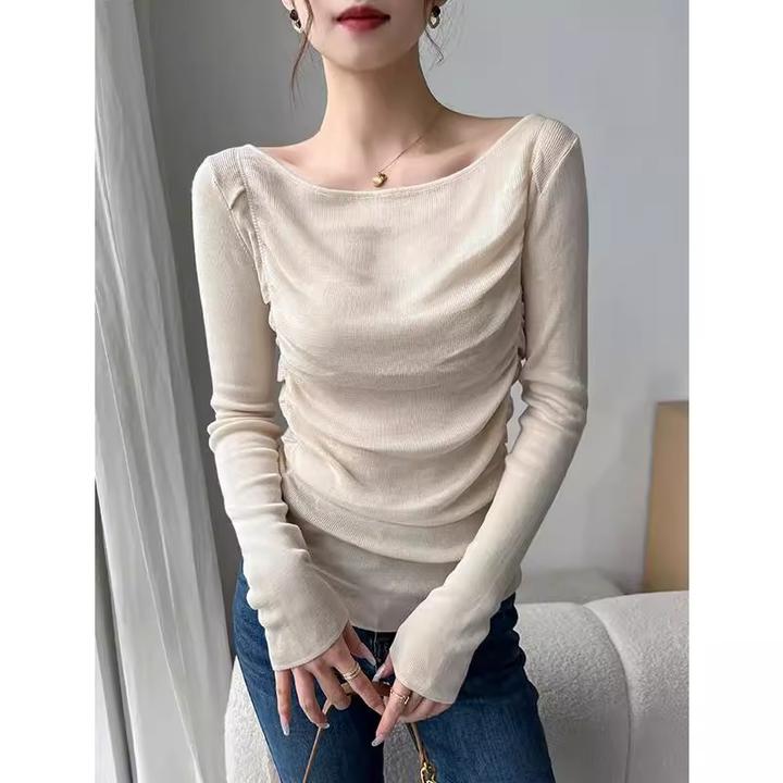 一字肩针织打底衫女2025新款春季露肩修身显瘦高级感外穿小众上衣