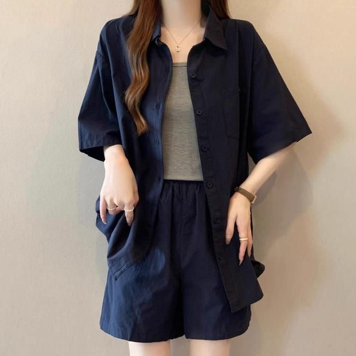 大码女装2025超火夏搭配一整套工装风藏蓝短袖衬衫外套短裤三件套