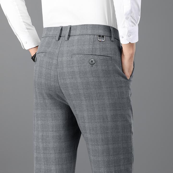 高端时尚格子休闲裤秋季新款男士修身直筒弹力百搭商务西裤长裤子