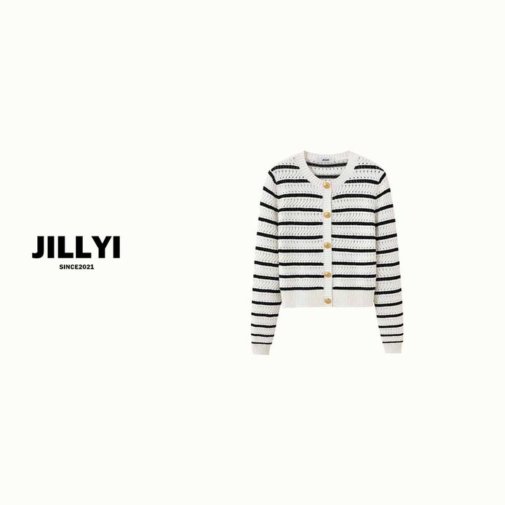 JILLYI南山店【条纹日记】黑白条纹圆领金色单排扣时尚百搭针织开衫