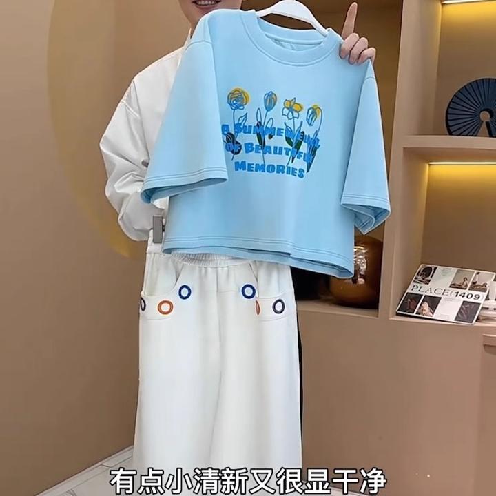 2025春季新款休闲T恤圆领短袖线条花朵短款上衣潮流休闲两件套女